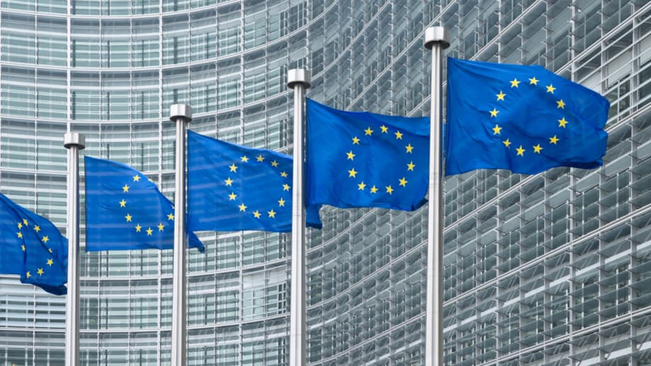 EU flags in front of European Commission in Brussels