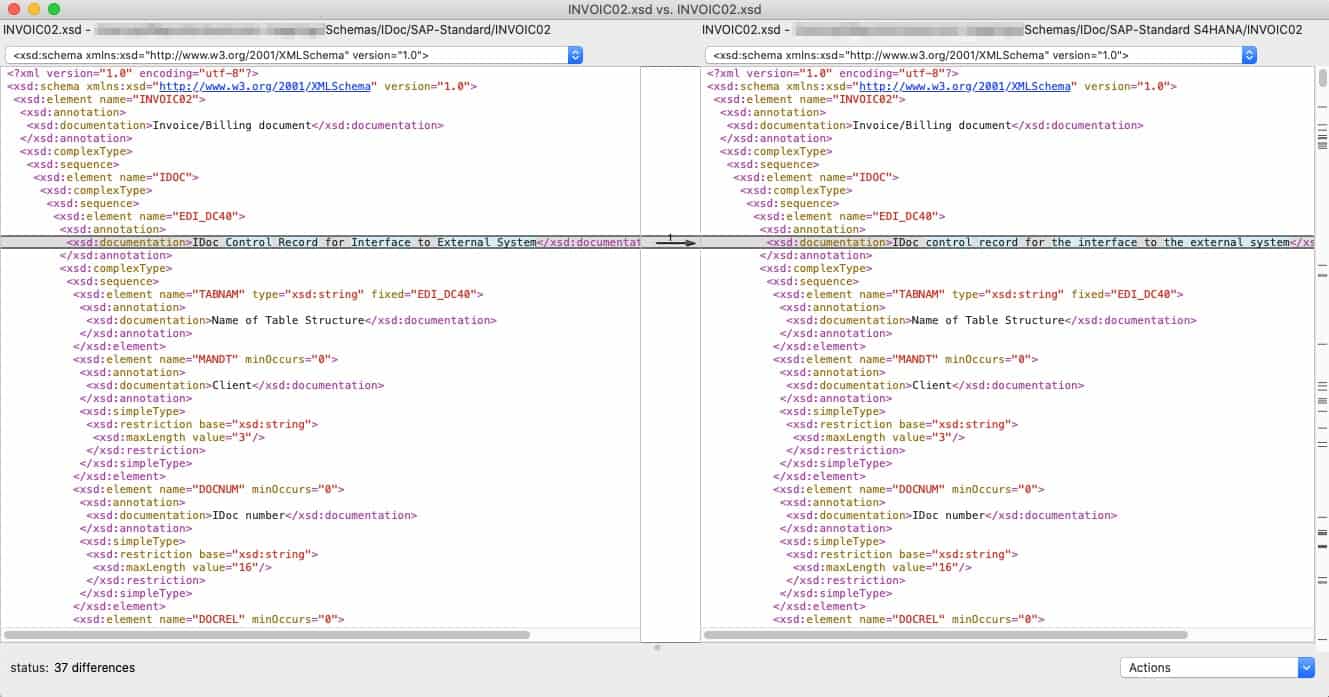 Grafik: Beispiel XML-Schema einer INVOIC02 IDoc im direkten Vergleich der SAP-Versionen SAP ERP ECC 6.0 und SAP S/4HANA Example XML schema of an INVOIC02 IDoc in direct comparison to the SAP versions SAP ERP ECC 6.0 and SAP S/4HANA