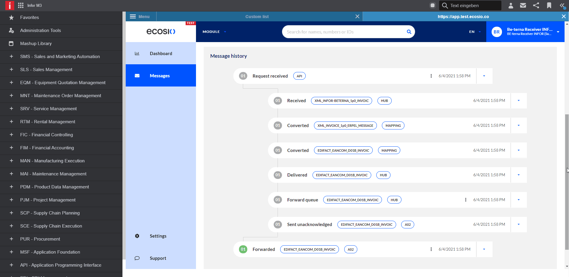Graphic: The message history in the ecosio monitor, integrated in Infor M3